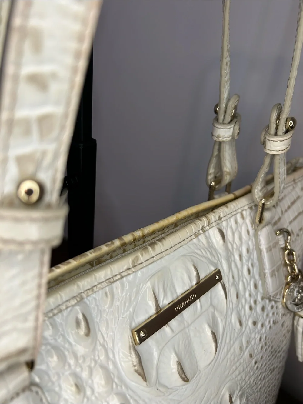 Brahmin Medium Asher White Melbourne Croc Embossed Leather Tote with Tassel